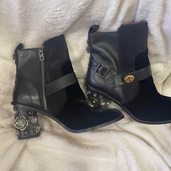Coach Black Tea Rose Block Heel Moto Booties - Picture 1 of 5